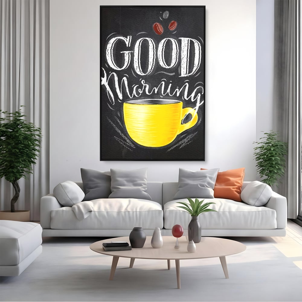 Tablou canvas cu tablou canvas cu ceasca galbena, in rama de aluminiu negru, pe perete intr-un living